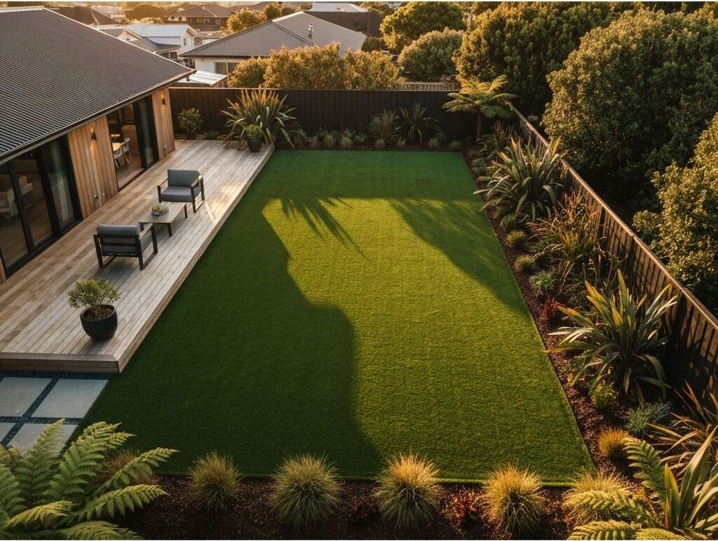 Beautiful landscaped backyard with artificial turf